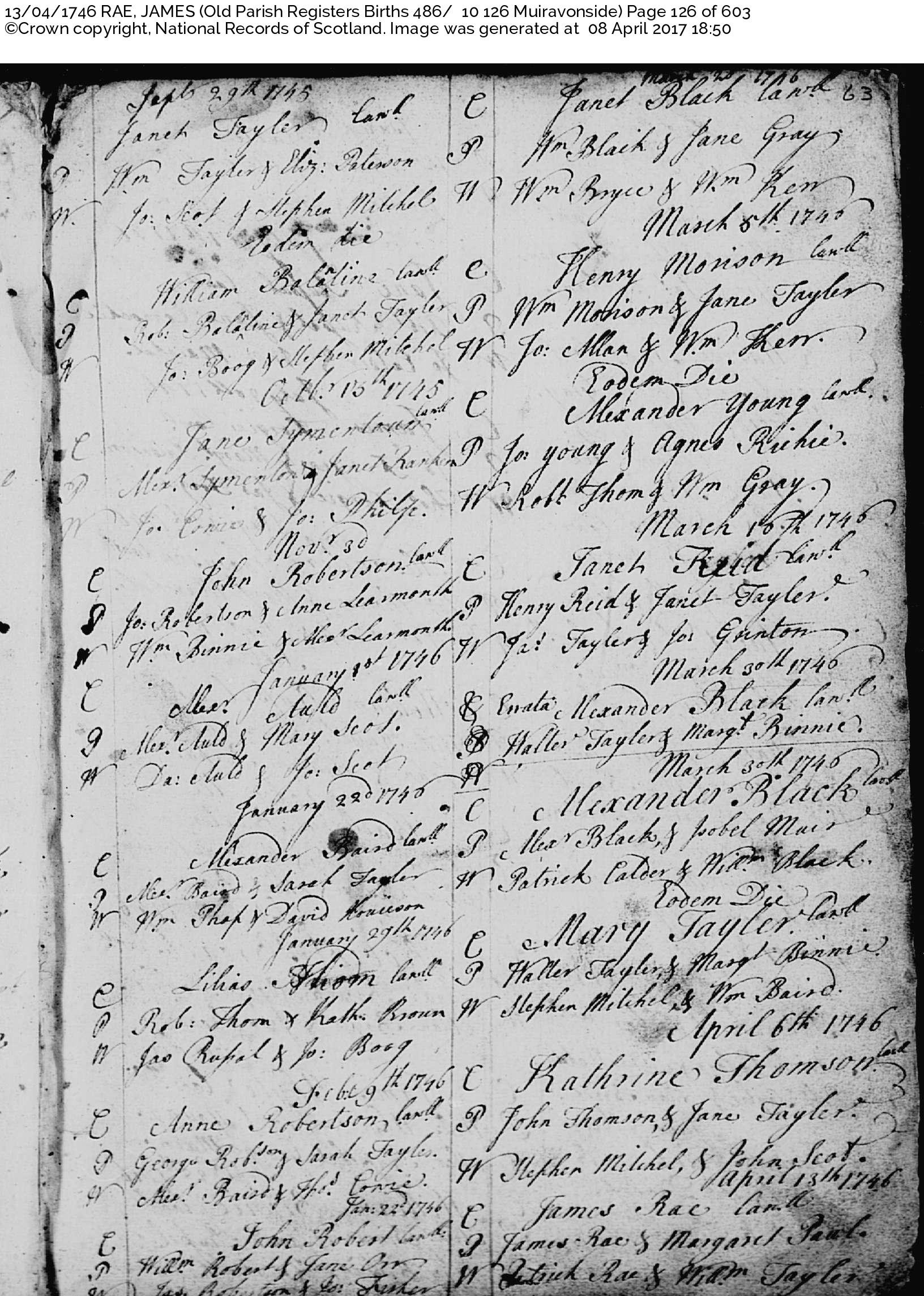 1746 Baptism James RAE_Muiravonside, Parish Chuch, Linked To: <a href='i1130.html' >James Rae</a>